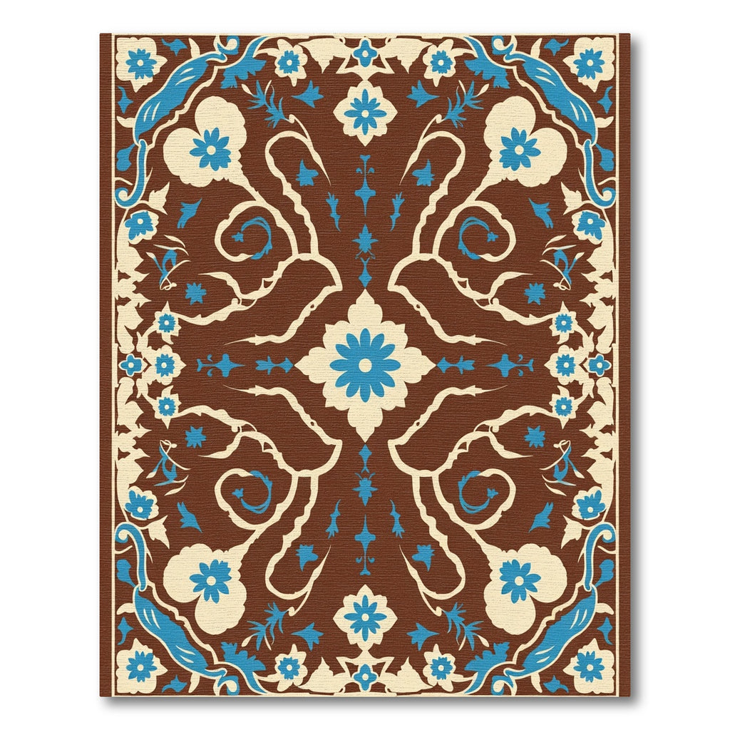 Brown Cream Blue Floral Symmetry Rug