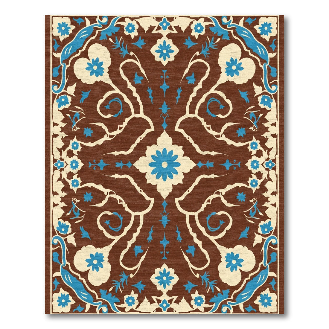 Brown Cream Blue Floral Symmetry Rug
