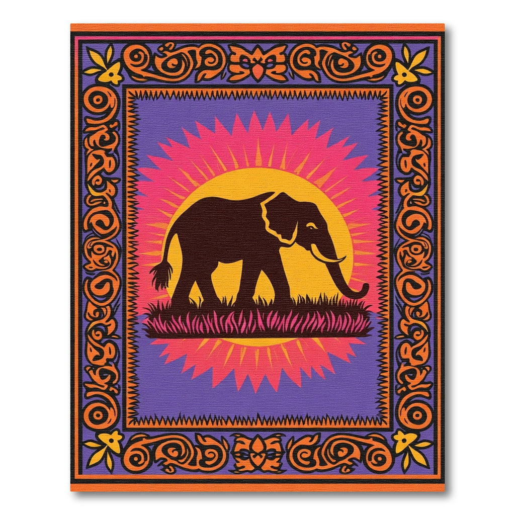 Vibrant Elephant Sun Graphic Border Rug