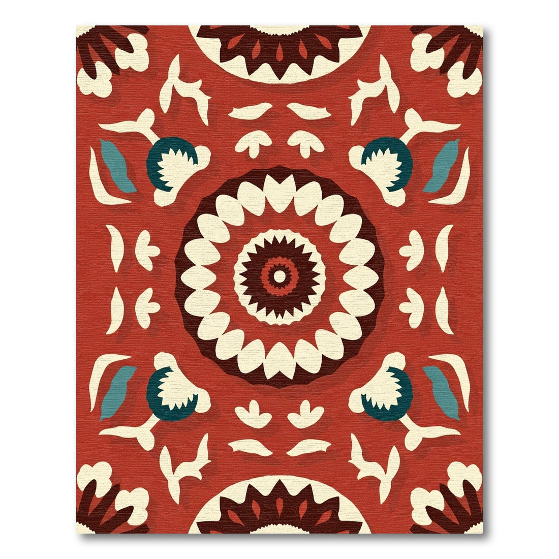 Rustic Crimson Floral Medallion Relief Rug