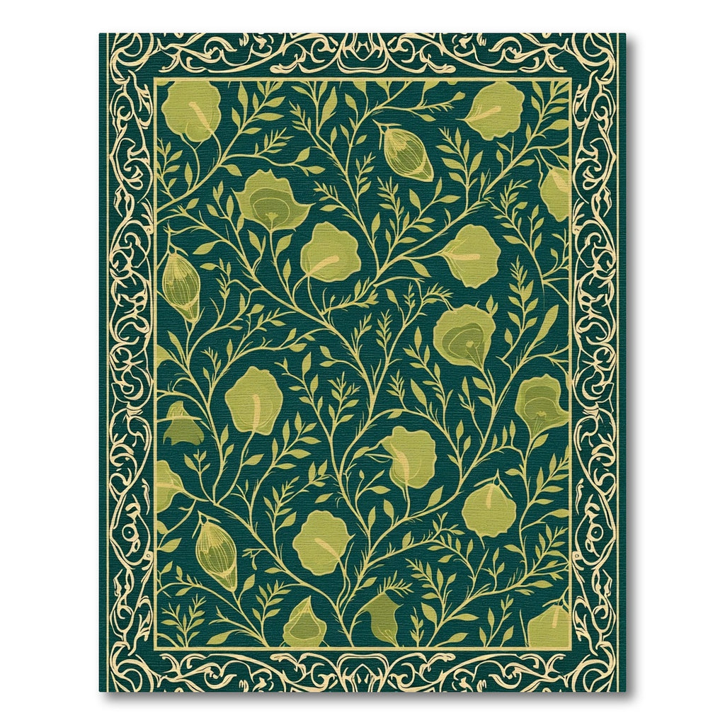 Dark Green Golden Floral Vine Border Rug
