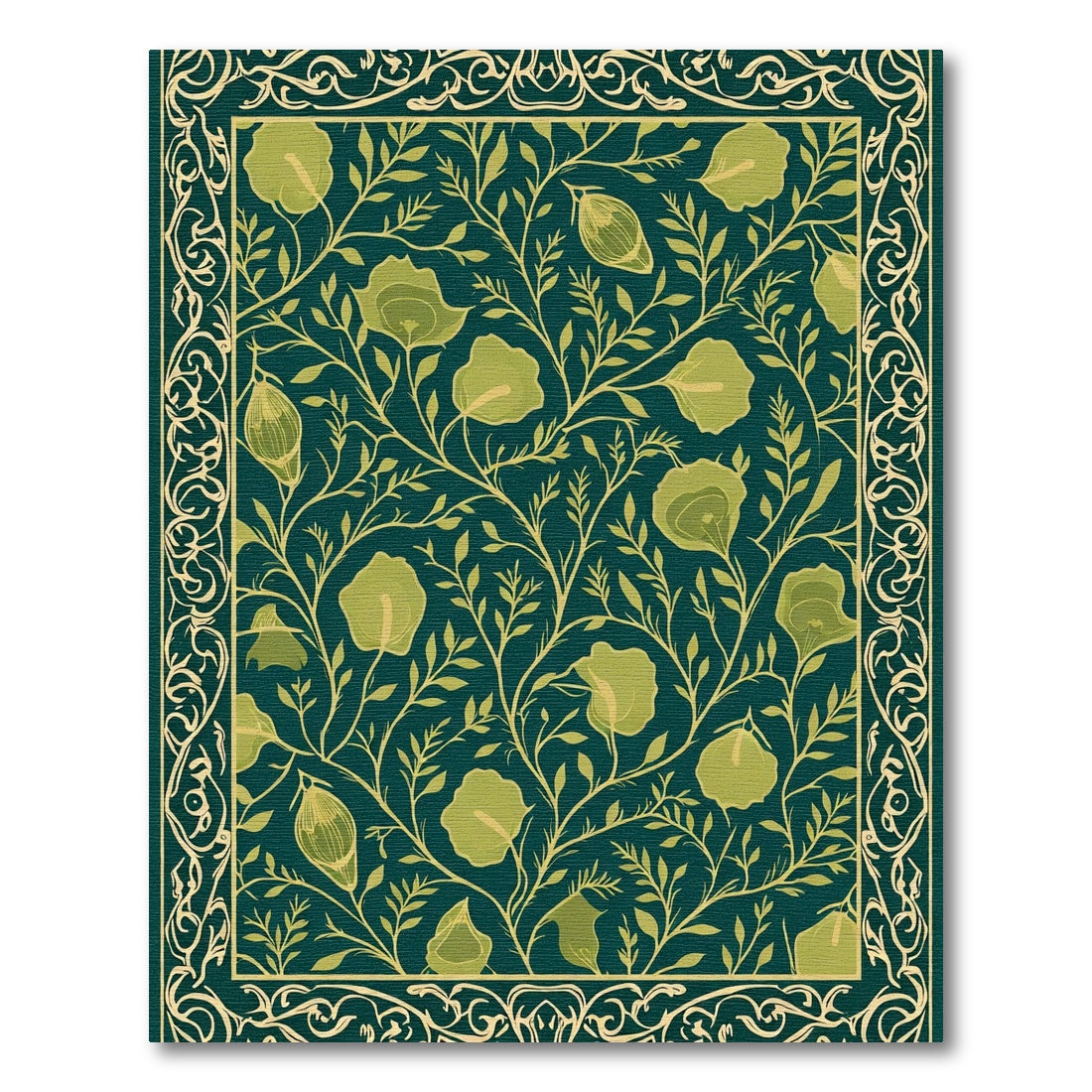 Dark Green Golden Floral Vine Border Rug