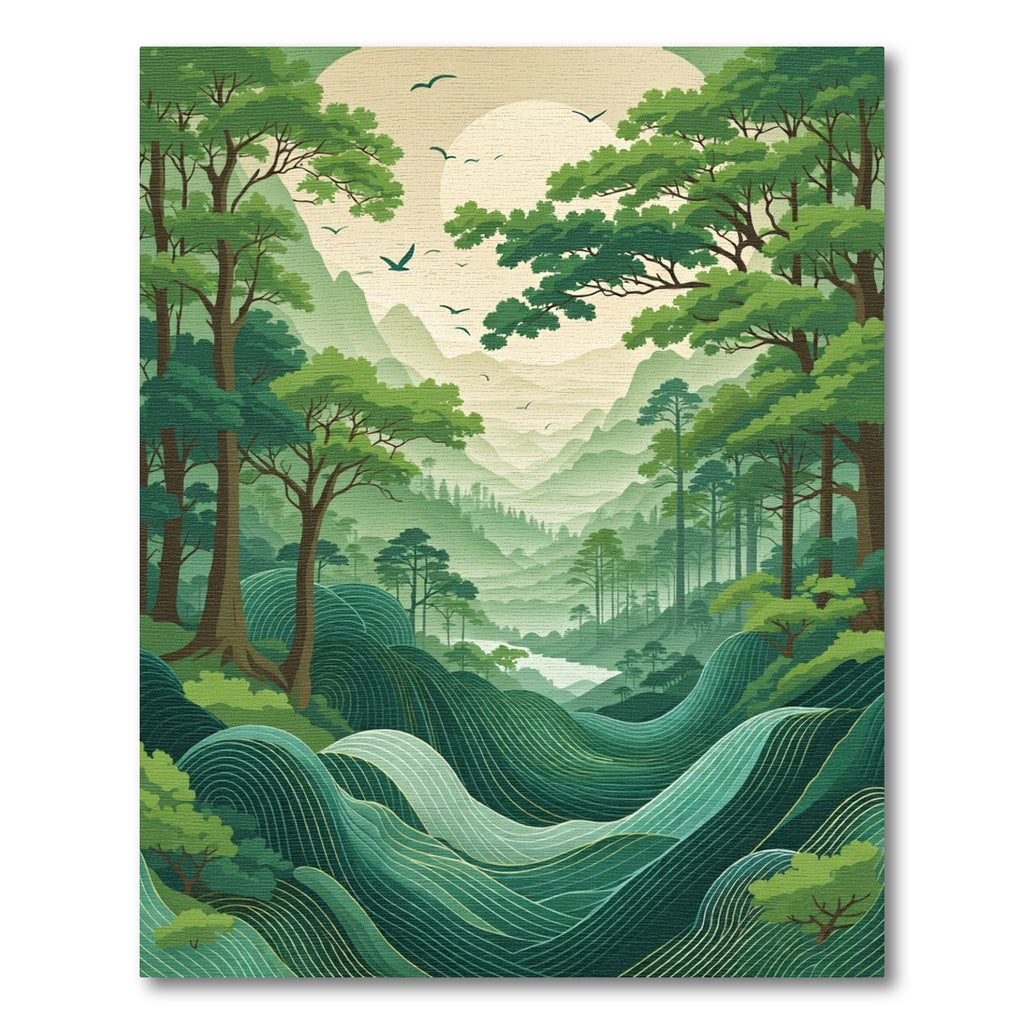 Misty Emerald Mountain River Forest Rug
