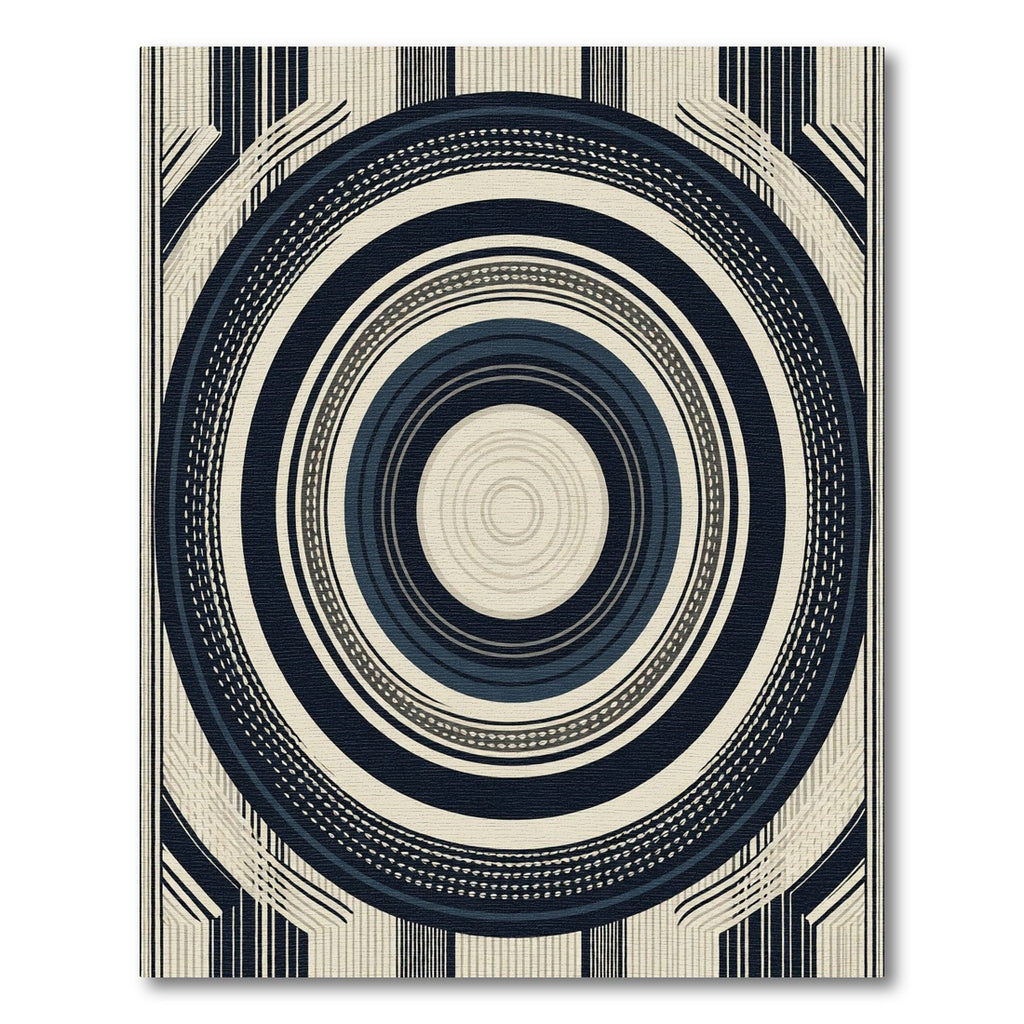 Navy Cream Concentric Circles Stripes Rug
