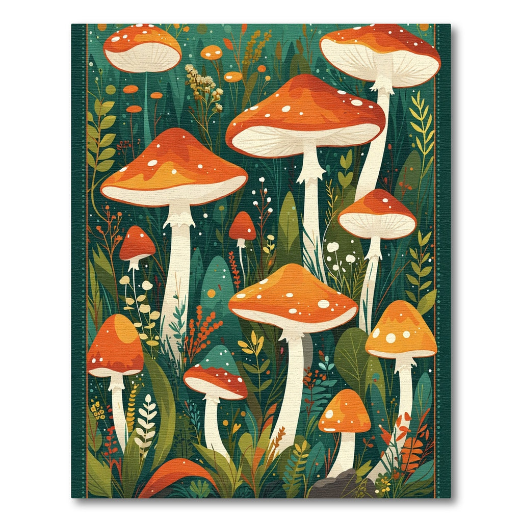 Whimsical Orange Woodland Mushroom Gathering Rug