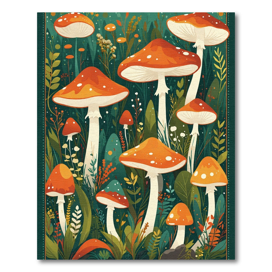 Whimsical Orange Woodland Mushroom Gathering Rug
