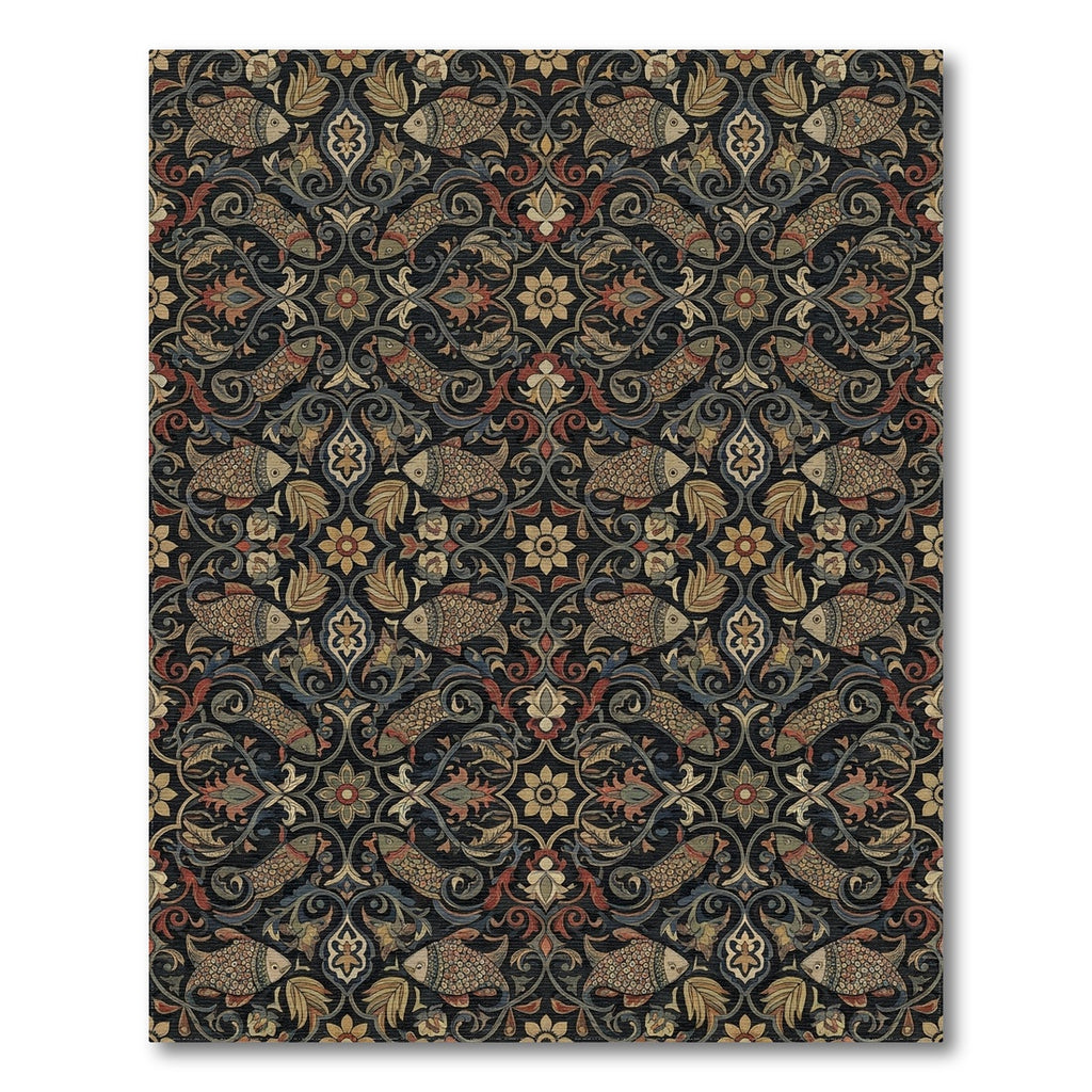 Dark Floral Fish Medallion Rug