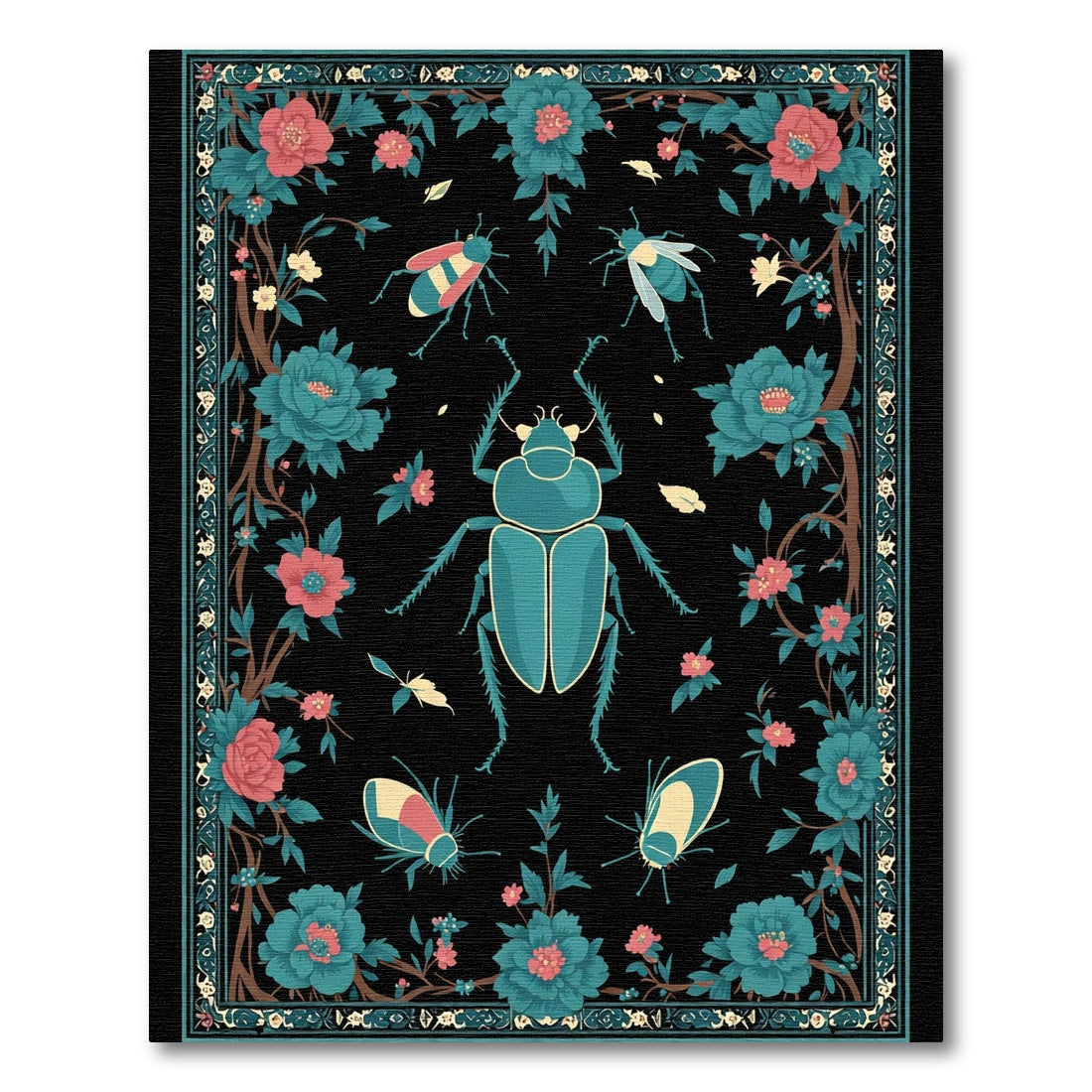 Teal Beetle Coral Flower Garden Rug