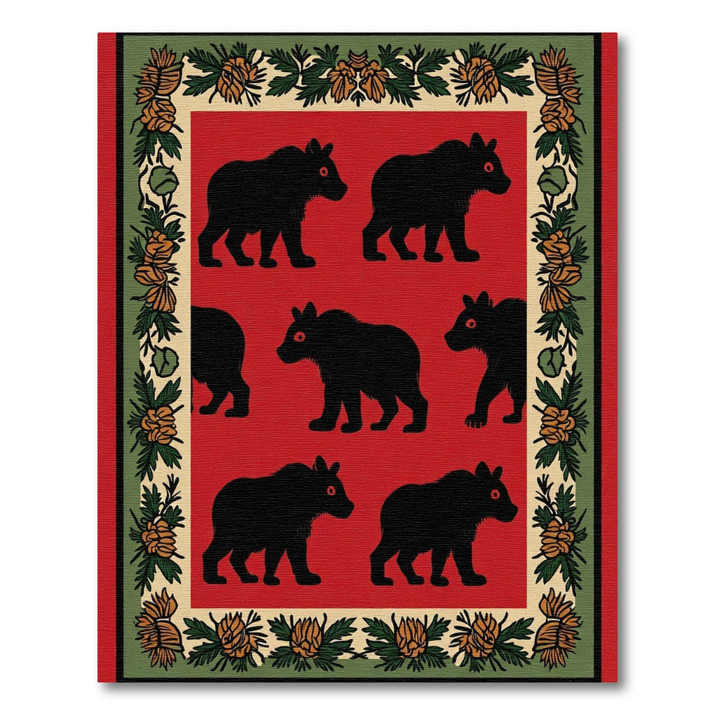 Red Black Bear Floral Border Rug