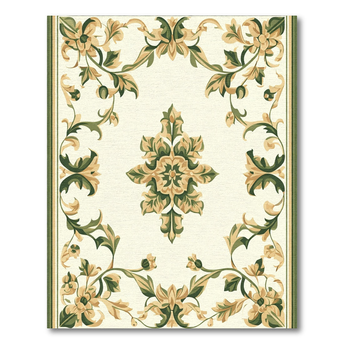 Elegant Green Floral Medallion Border Rug