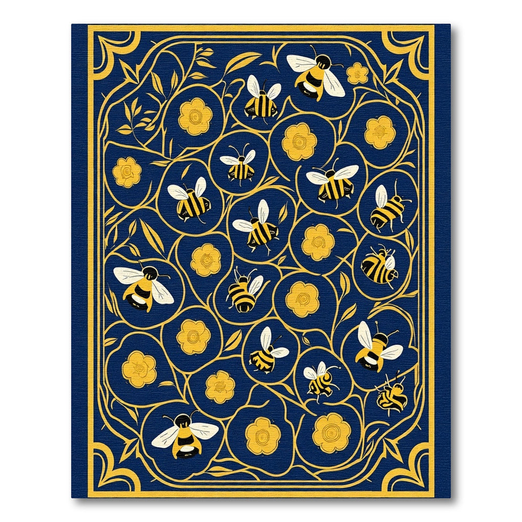 Naval Blue Yellow Bee Floral Meadow Rug