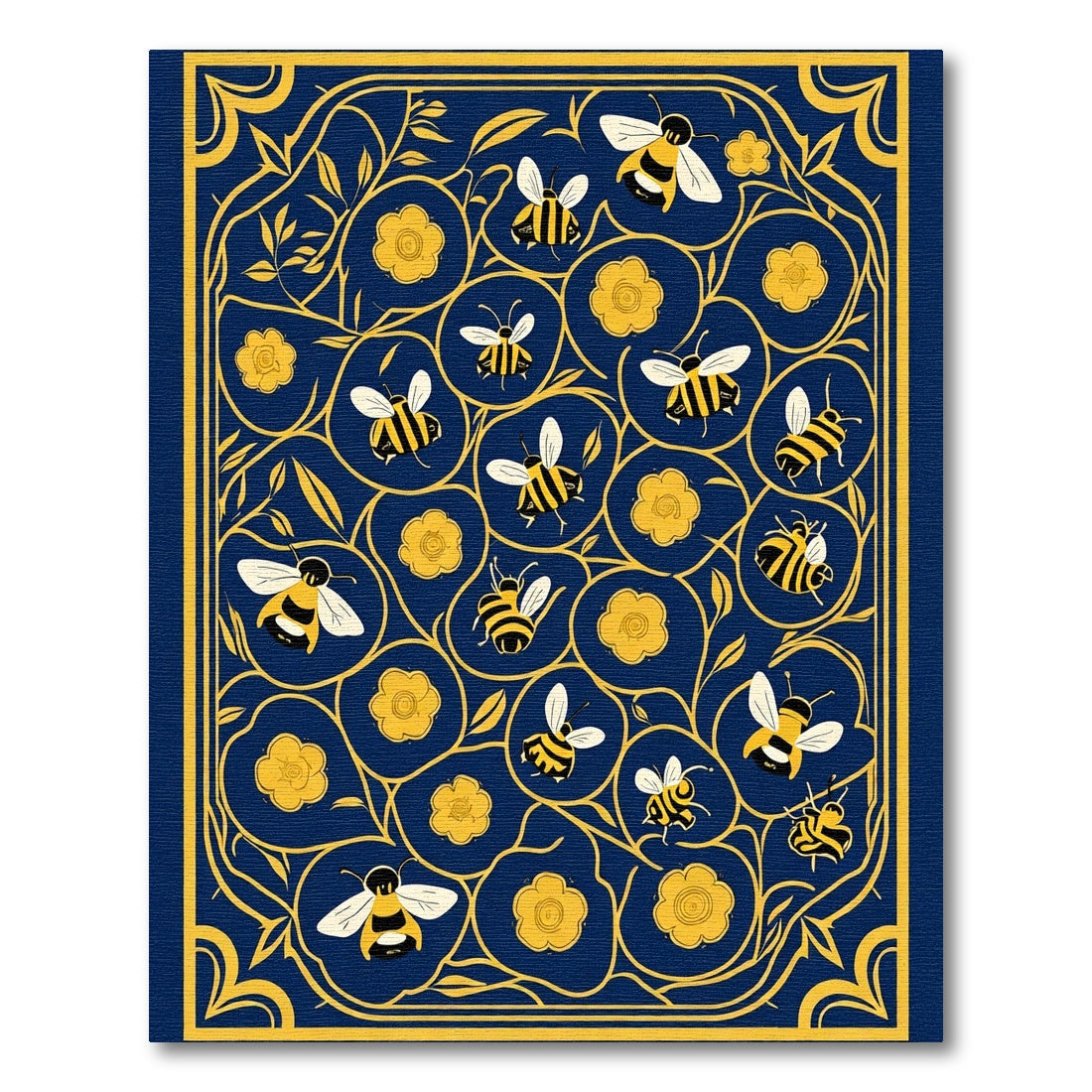 Naval Blue Yellow Bee Floral Meadow Rug