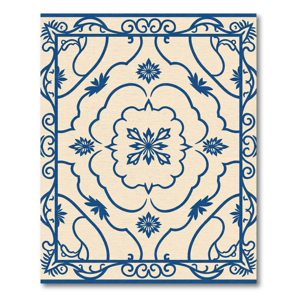 Ivory and Cobalt Blue Floral Frame Rug