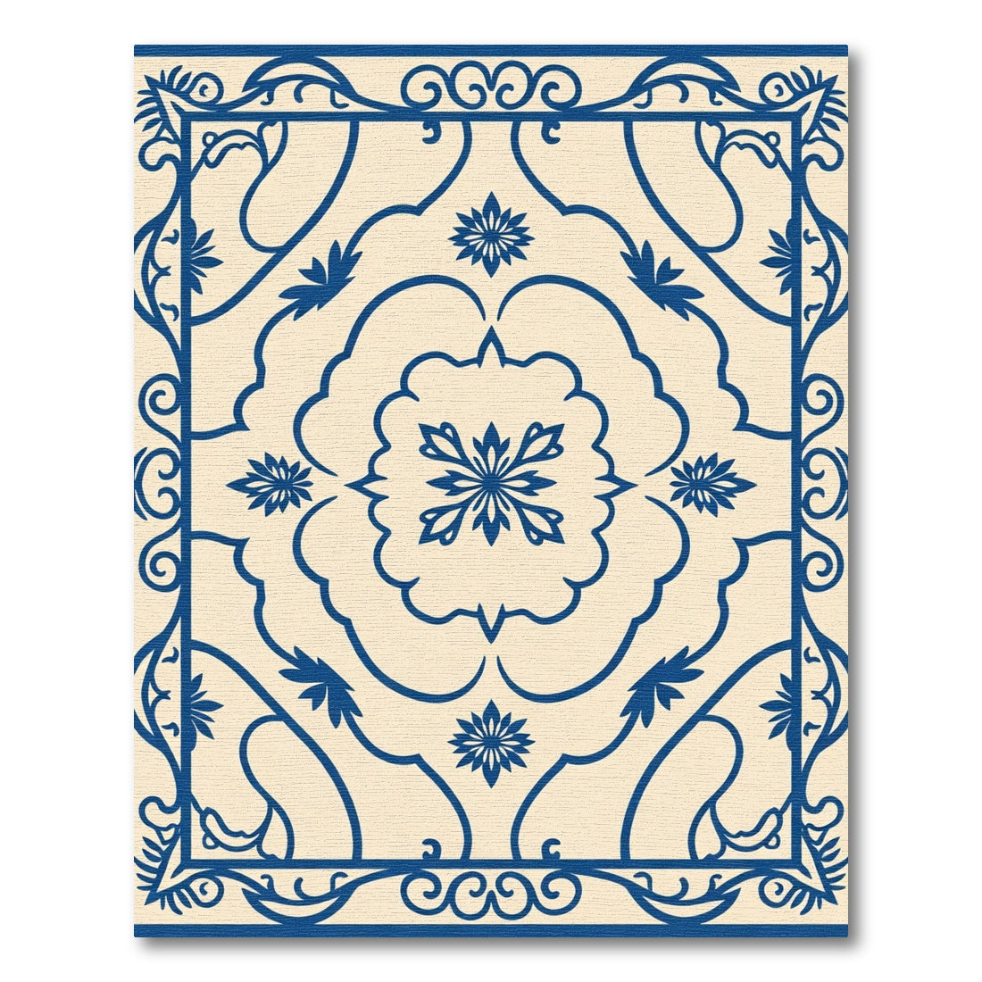 Ivory and Cobalt Blue Floral Frame Rug