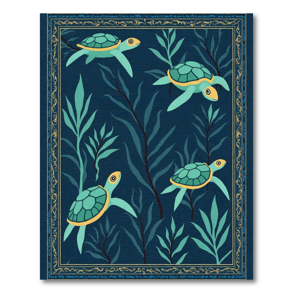 Ocean Turtle Teal Kelp Border Rug