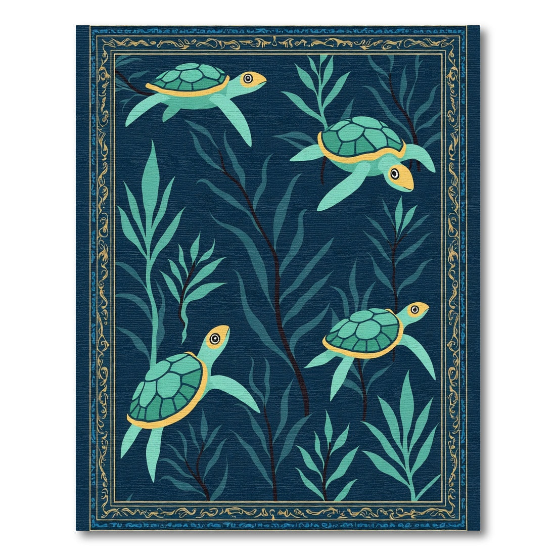 Ocean Turtle Teal Kelp Border Rug