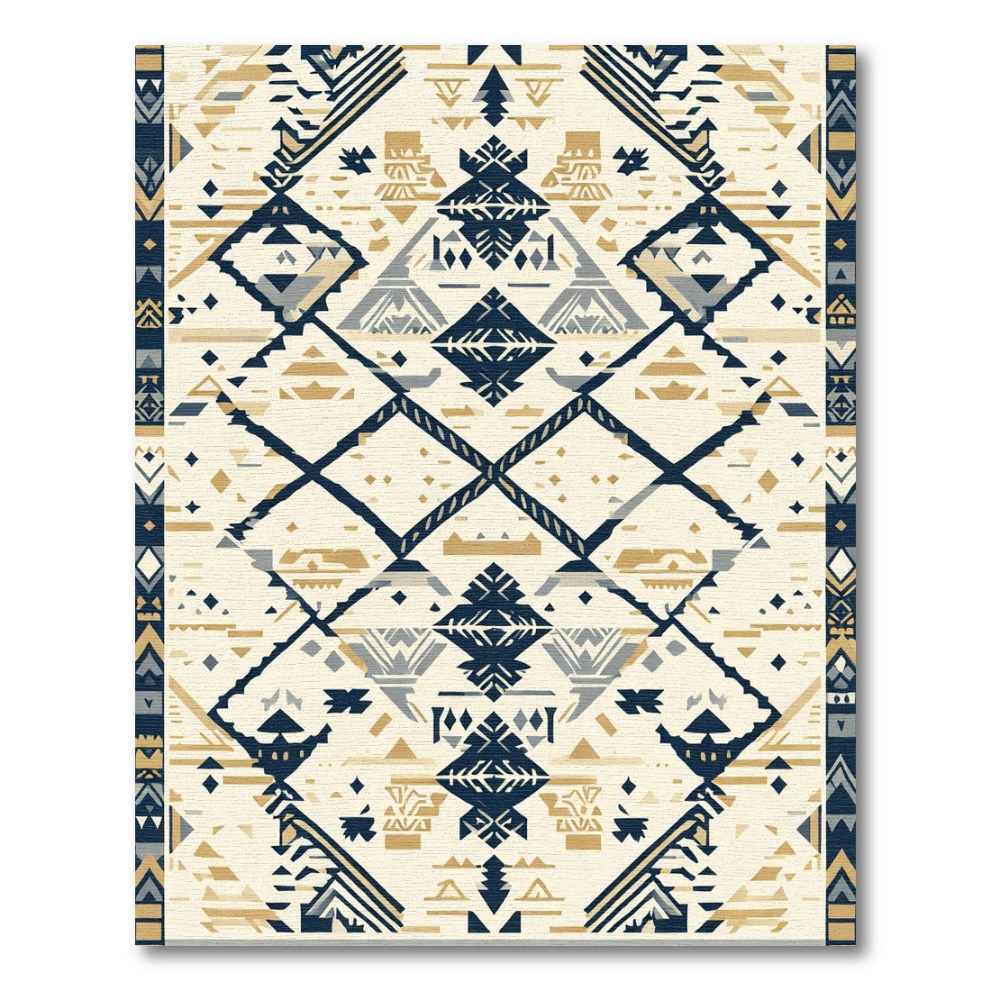 Cream Gray Navy Geometric Tribal Diamonds Rug