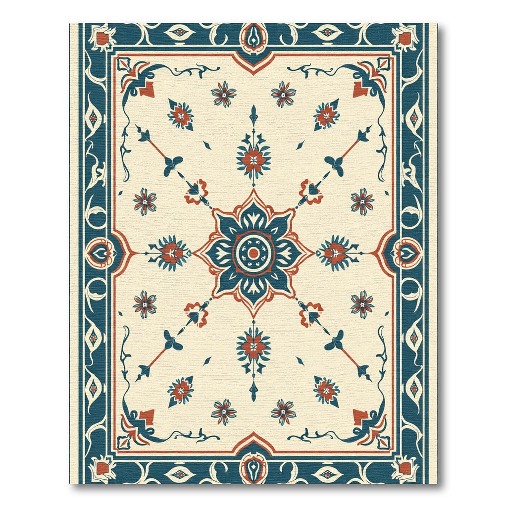 Cream Red Teal Floral Medallion Symmetrical Rug