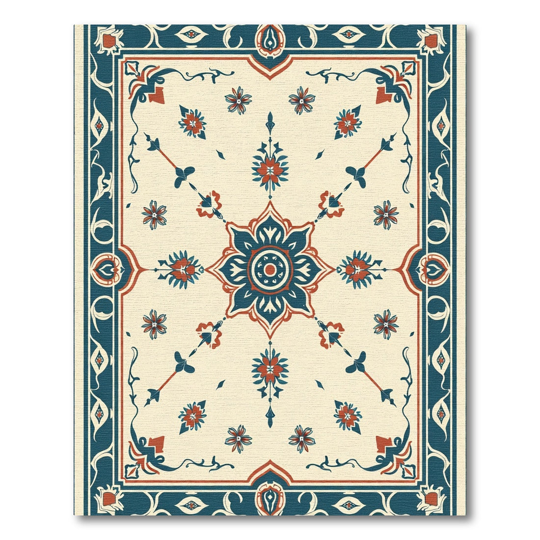 Cream Red Teal Floral Medallion Symmetrical Rug