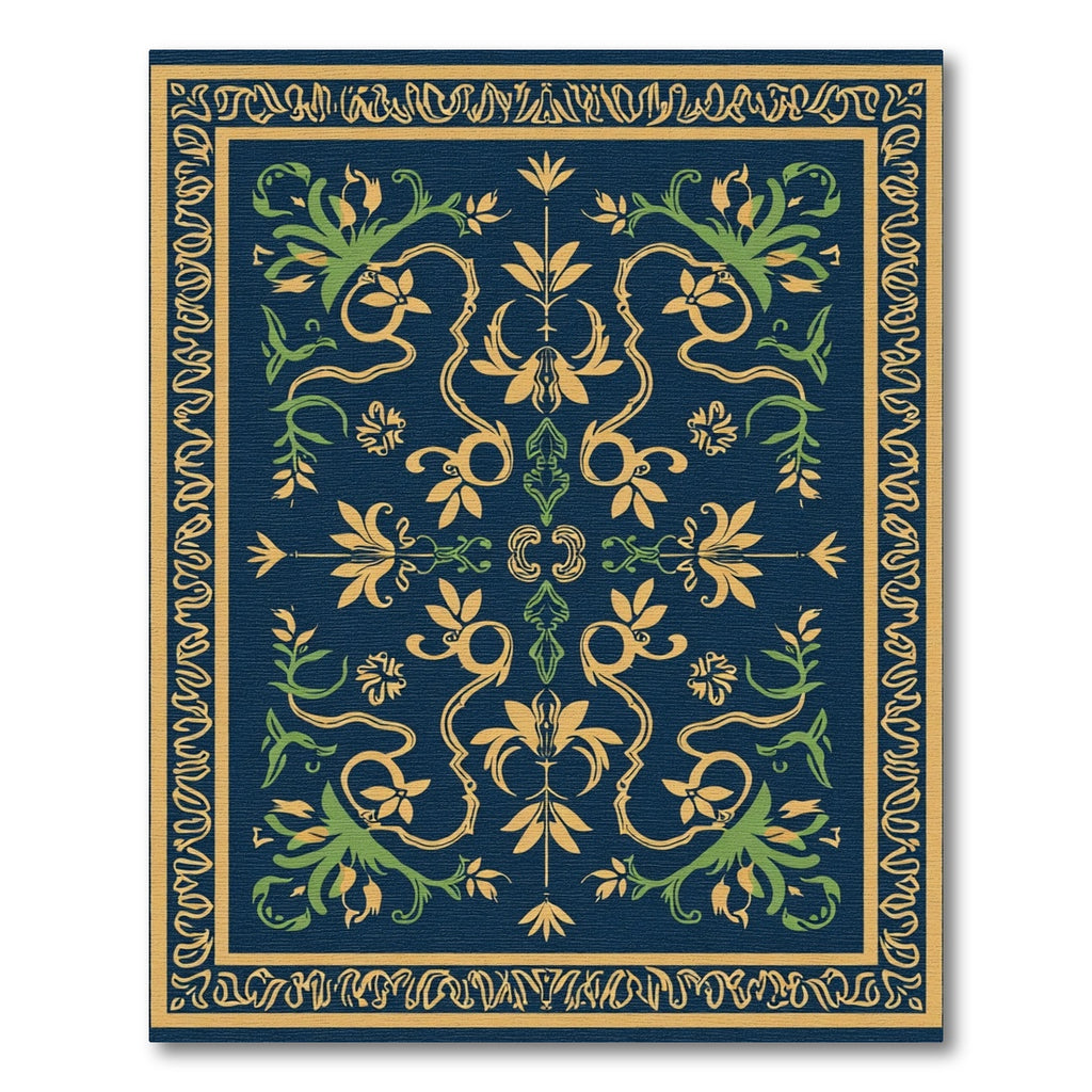 Ornate Blue and Gold Floral Arabesque Rug