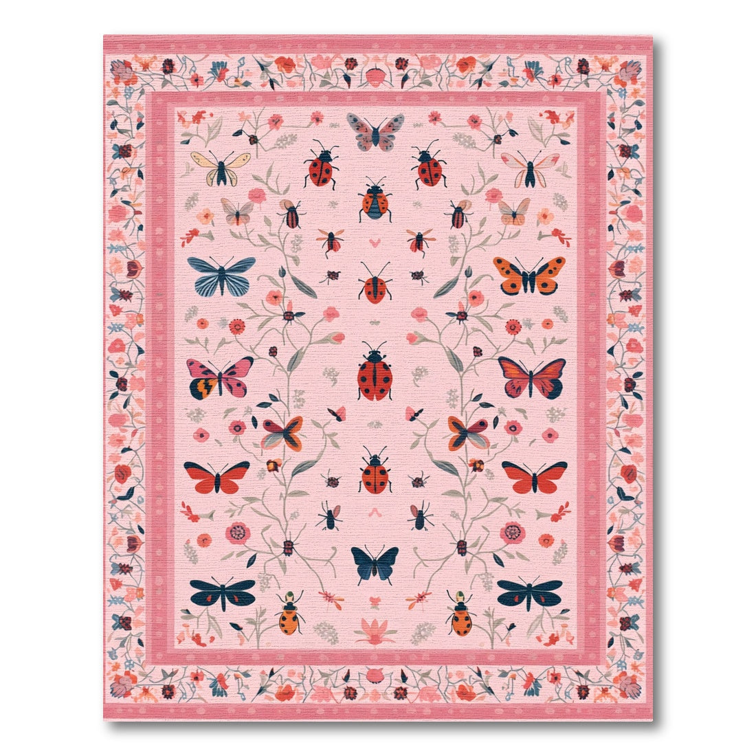Pink Romantic Garden Butterfly Ladybug Rug