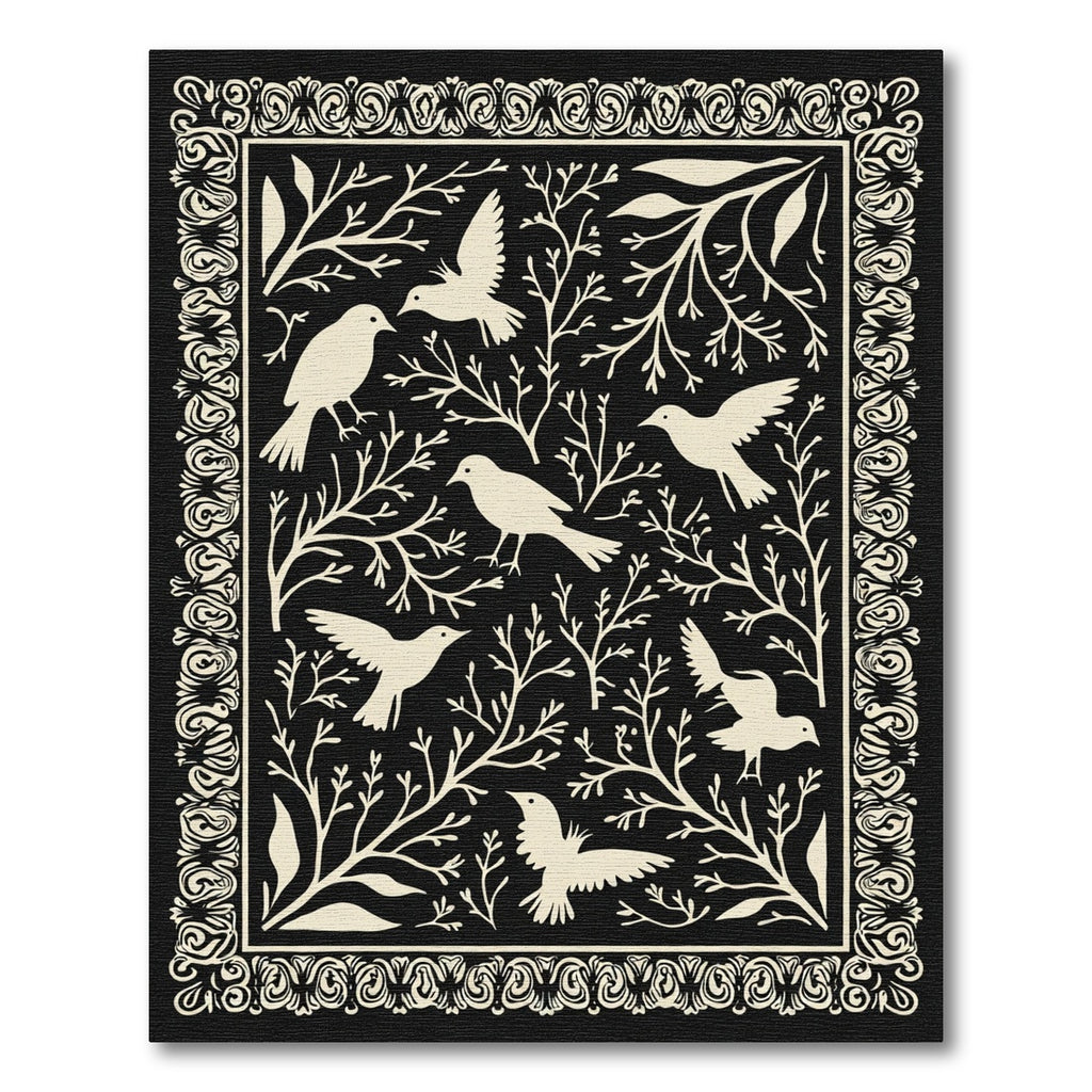 Cream Birds Among Branches Border Rug