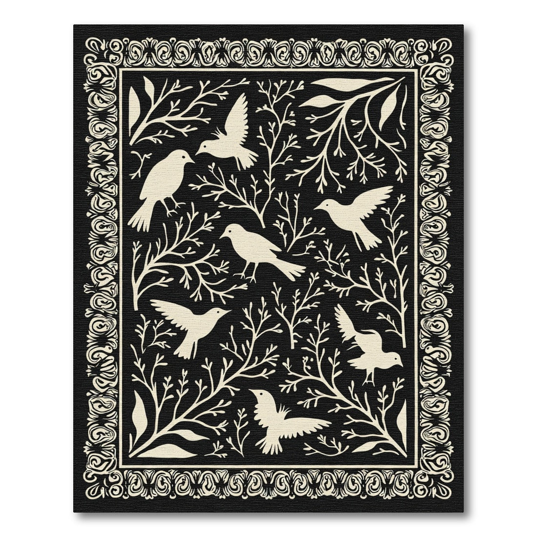 Cream Birds Among Branches Border Rug