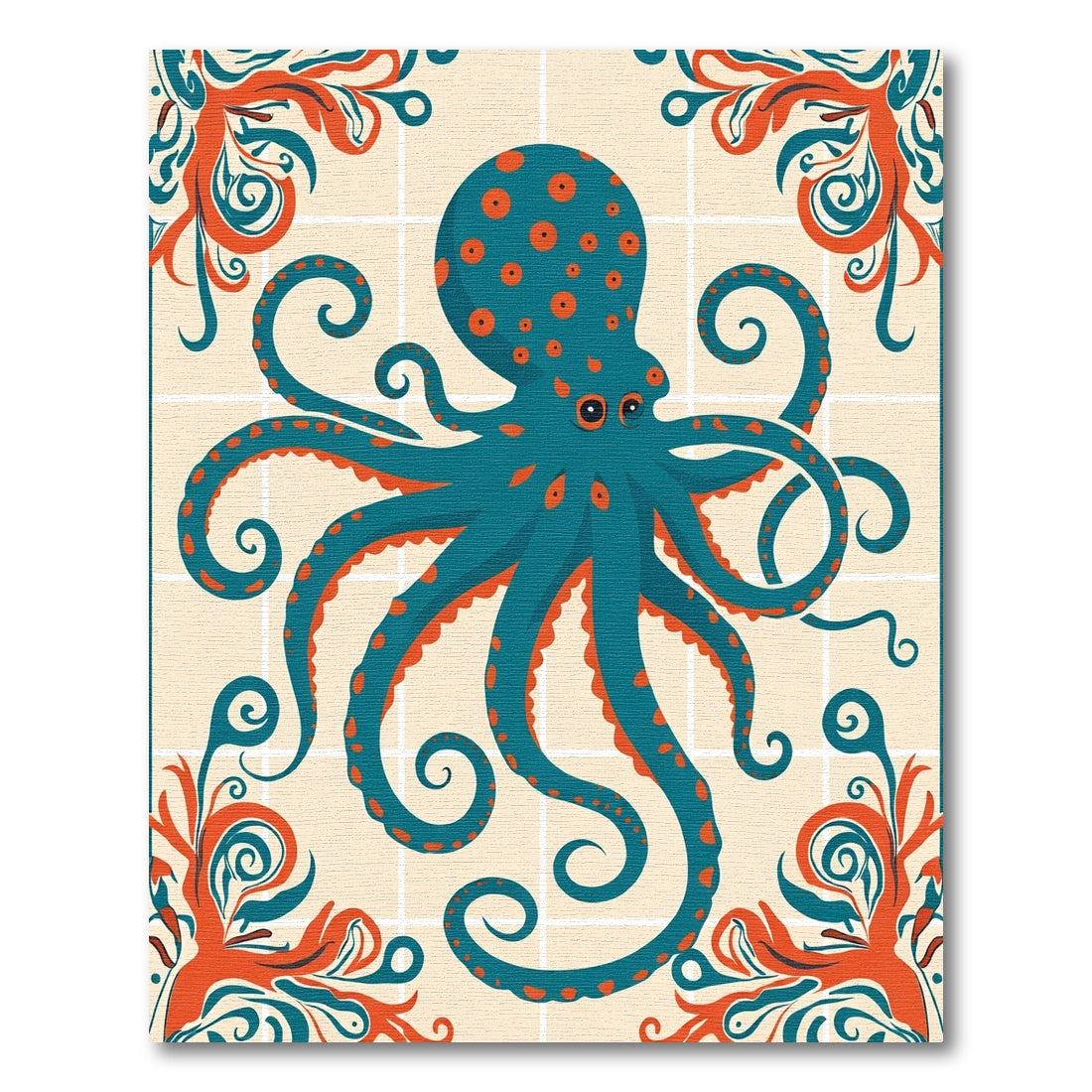 Teal Orange Octopus Floral Scroll Rug
