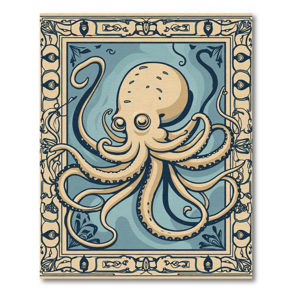 Ornate Beige Octopus Blue Ocean Rug