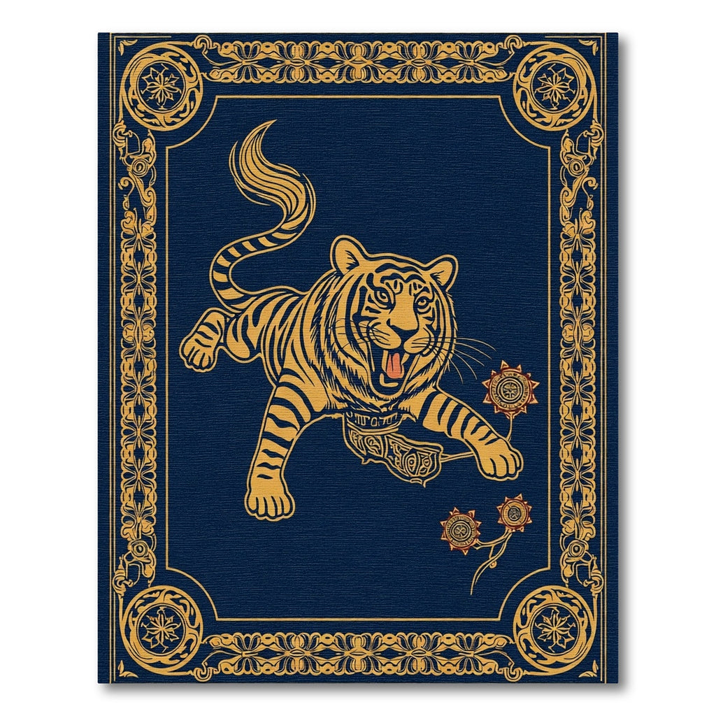Golden Tiger In Navy Ornate Frame Rug