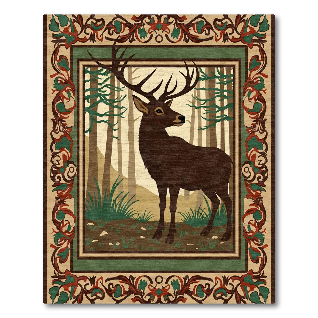 Forest Stag With Ornate Border Rug