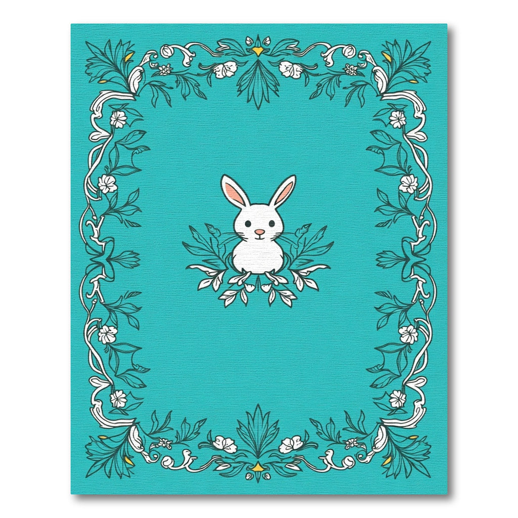 Whimsical White Rabbit Floral Border Rug