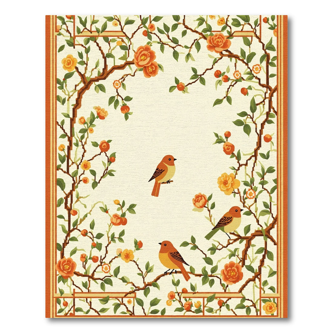 Muted Orange Birds Lush Garden Vines Rug
