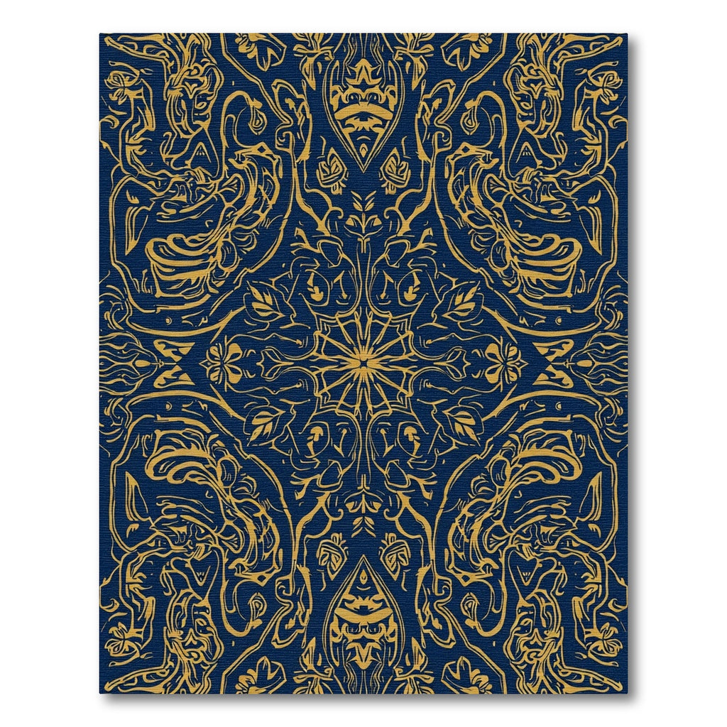 Ornate Gold Blue Symmetrical Scrollwork Rug