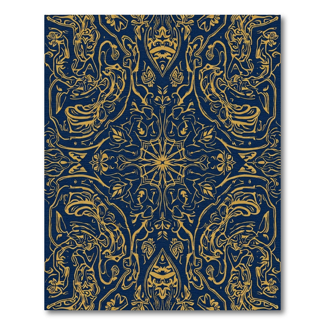 Ornate Gold Blue Symmetrical Scrollwork Rug