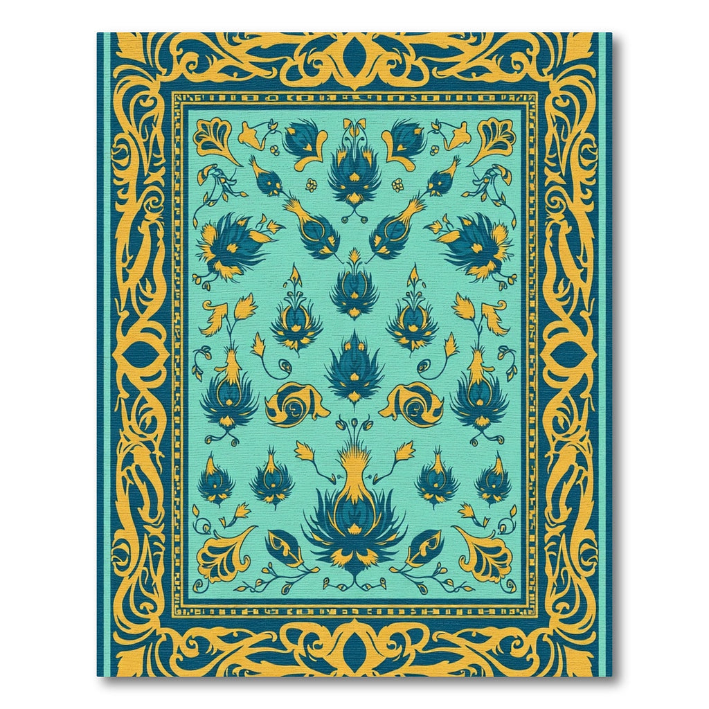 Teal Gold Floral Vine Border Rug