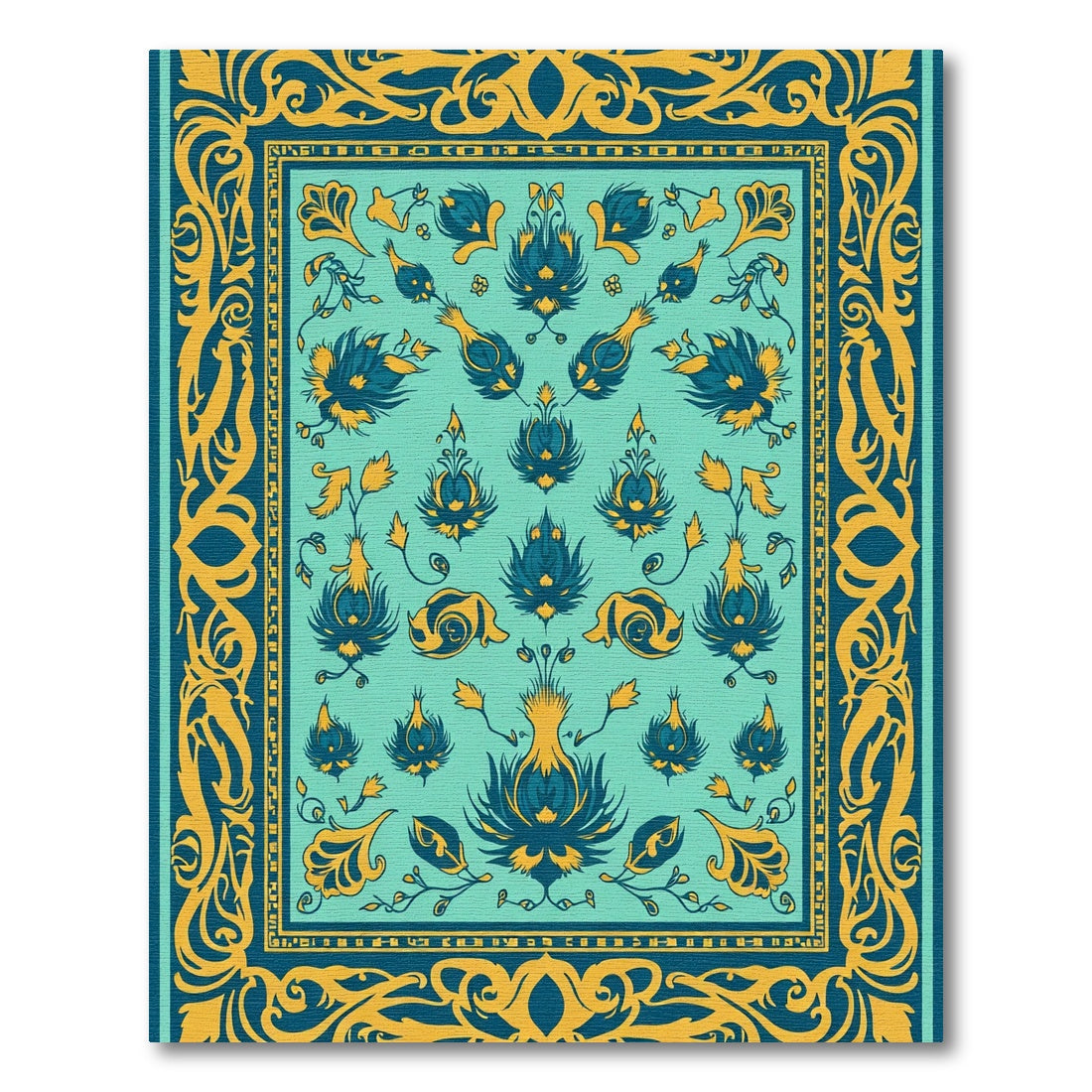 Teal Gold Floral Vine Border Rug
