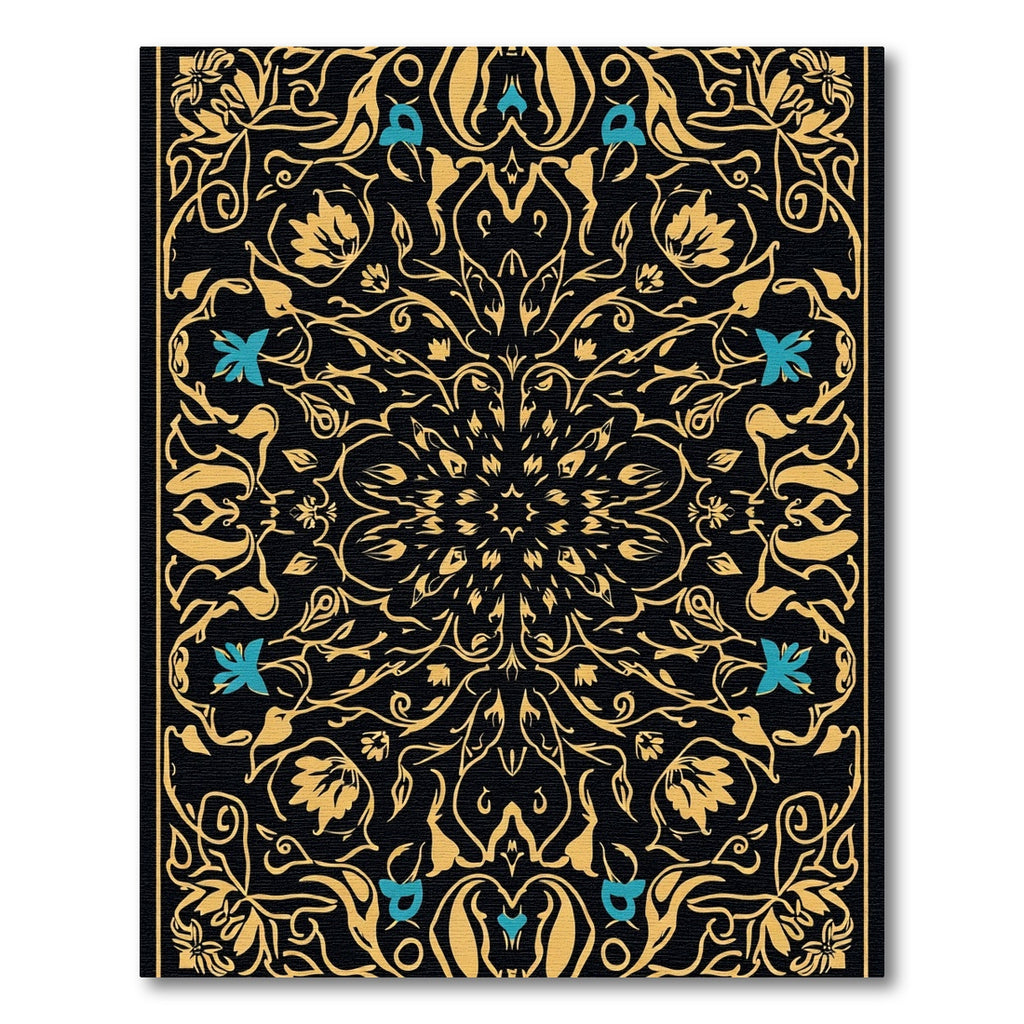 Golden Black Floral Medallion Aqua Accents Rug