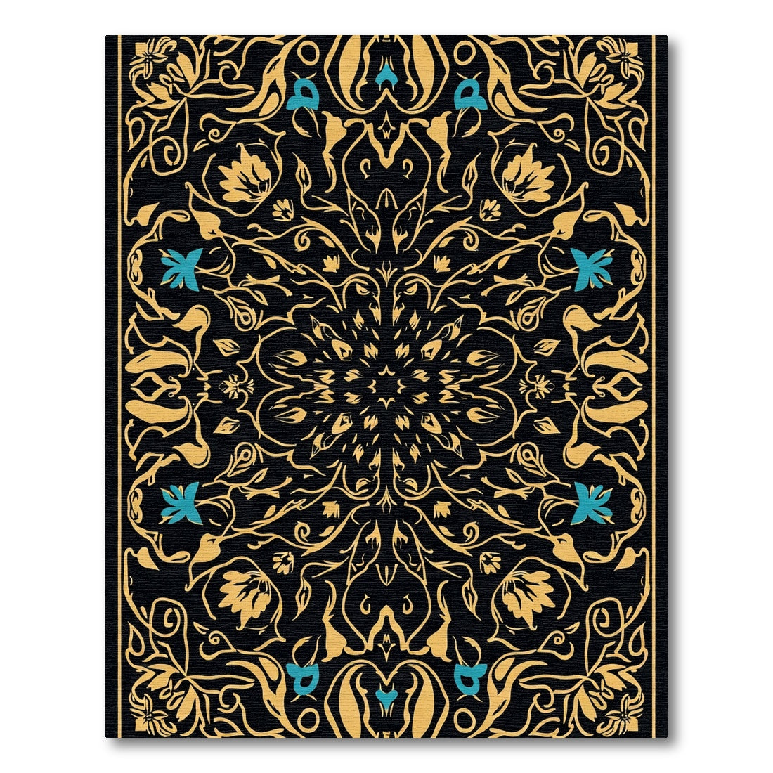 Golden Black Floral Medallion Aqua Accents Rug