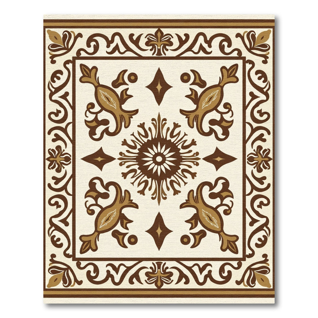 Brown Cream Medallion Arabesque Scrollwork Rug