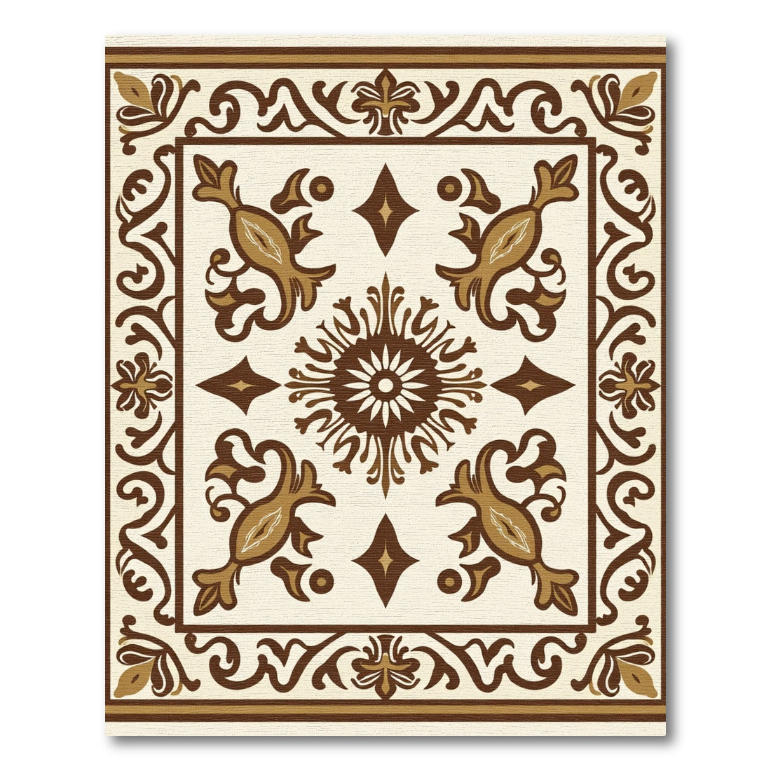 Brown Cream Medallion Arabesque Scrollwork Rug