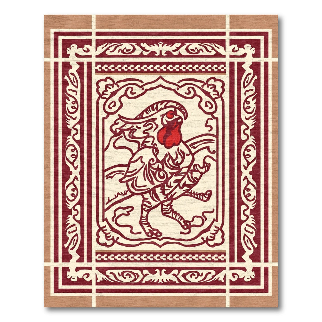 Crimson Rooster Folk Art Rug