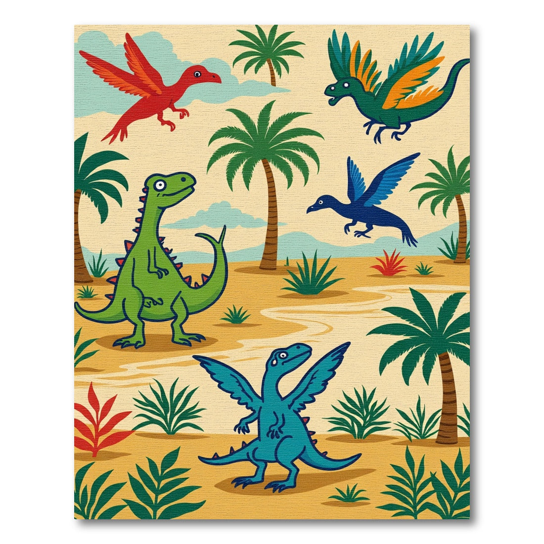 Playful Dinosaur Tropical Landscape Rug