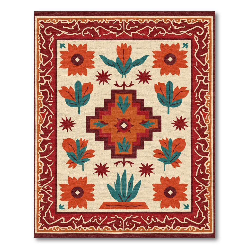 Terracotta Orange Folk Art Floral Rug