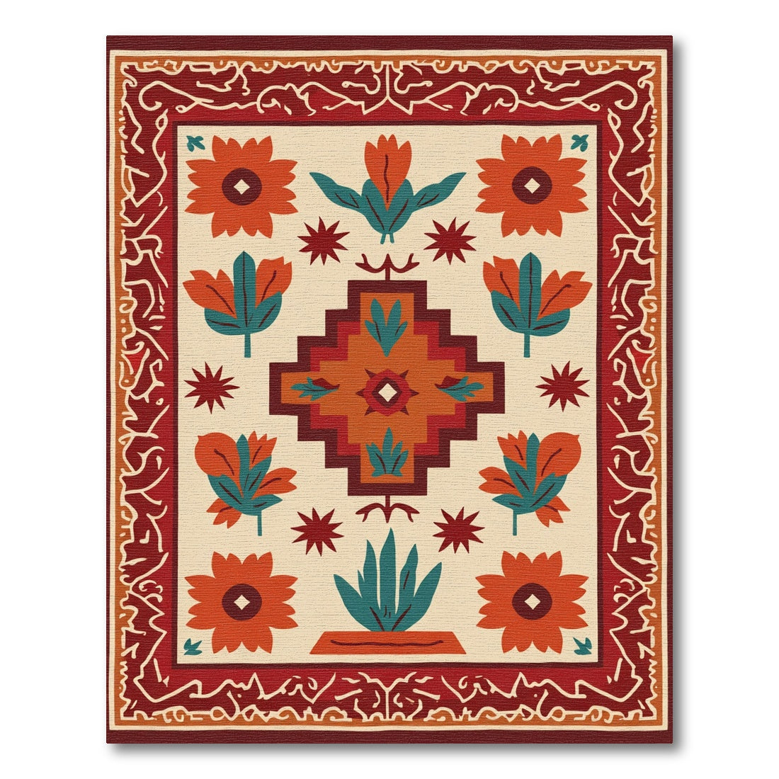 Terracotta Orange Folk Art Floral Rug
