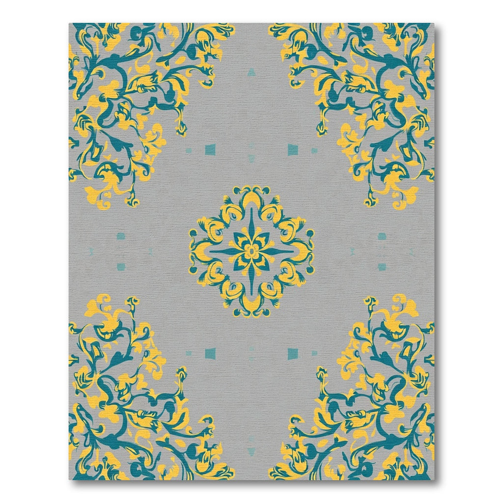 Gray Teal Yellow Floral Medallion Rug