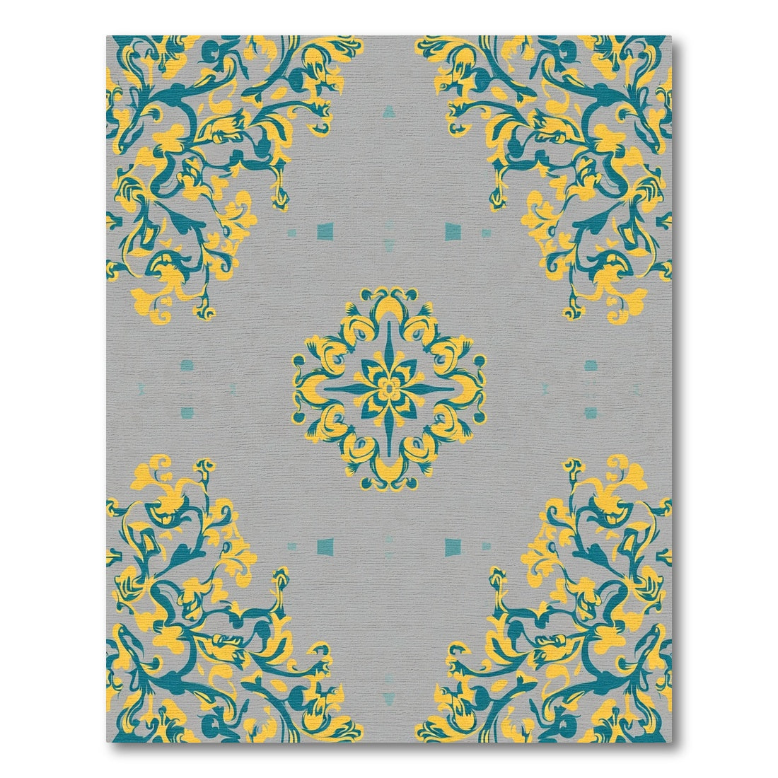 Gray Teal Yellow Floral Medallion Rug