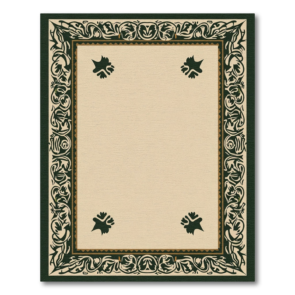 Dark Green Ornate Floral Border Rug