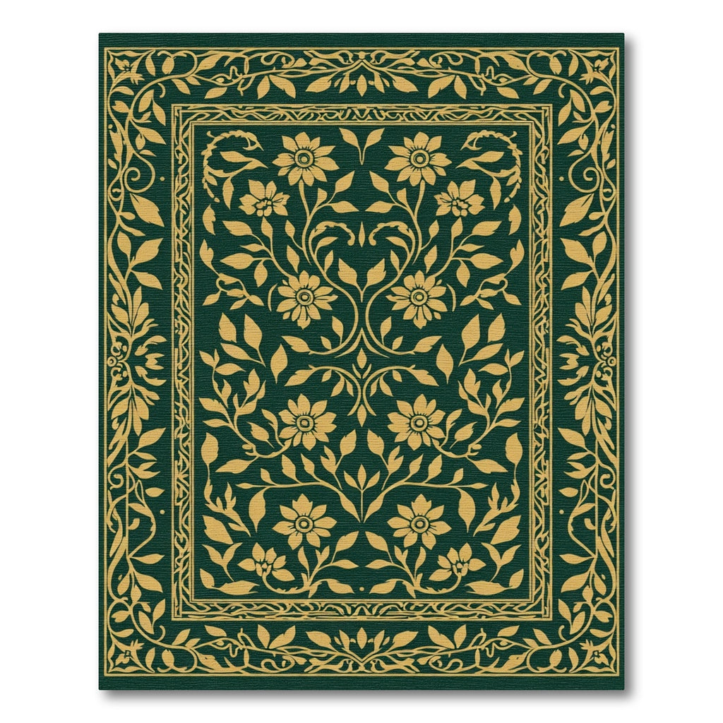 Emerald Gold Floral Vine Border Rug
