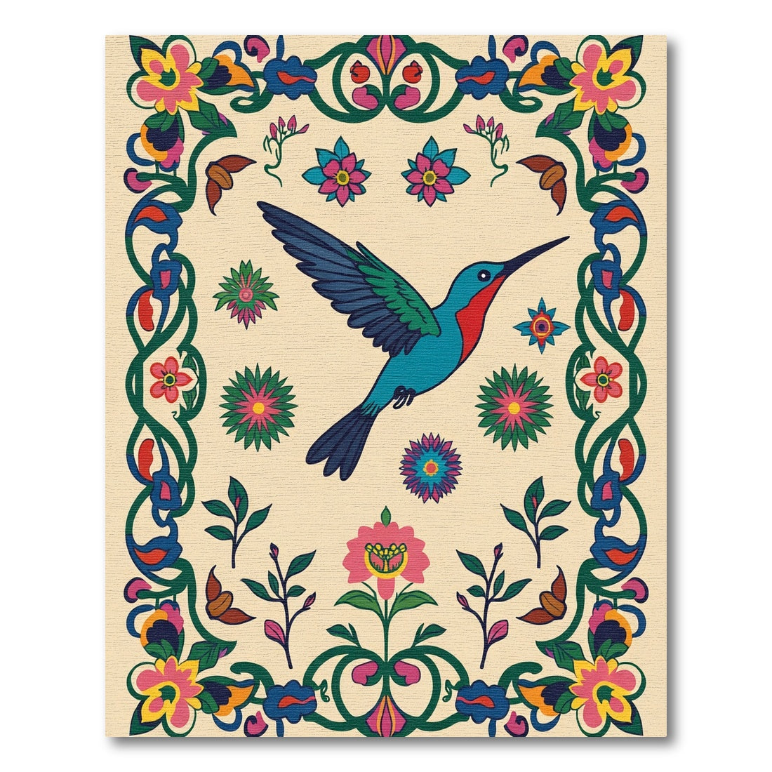 Colorful Hummingbird Floral Border Rug